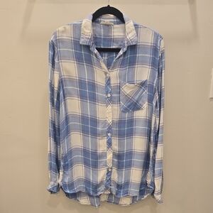 beachlunchlounge Blue and White Plaid Women's Button Down Shirt